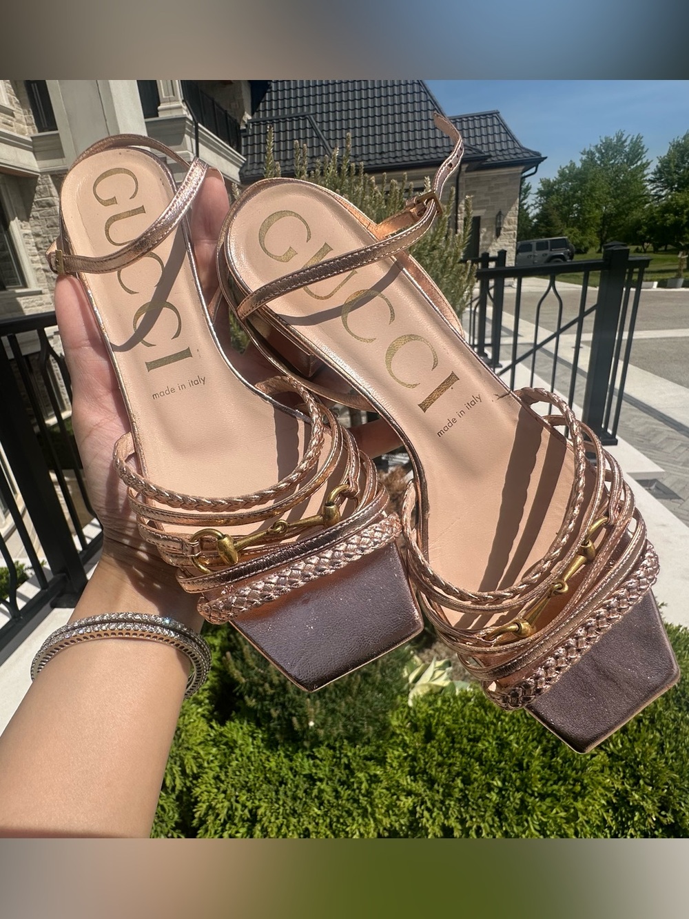 Gucci Metallic Rose Gold Nappa Braided Horsebit Ketty Block Heel Sandals (38) - Picture 4 of 14